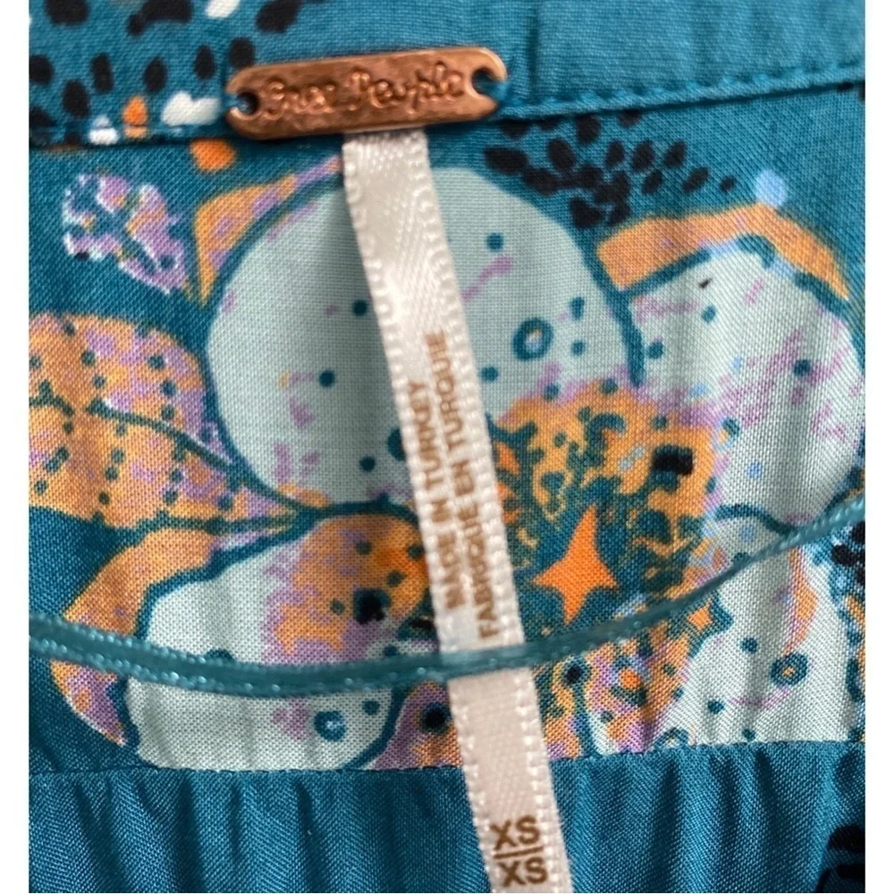 Free People Women’s Boho Floral Teal & Orange Long Sleeve Top Size XS